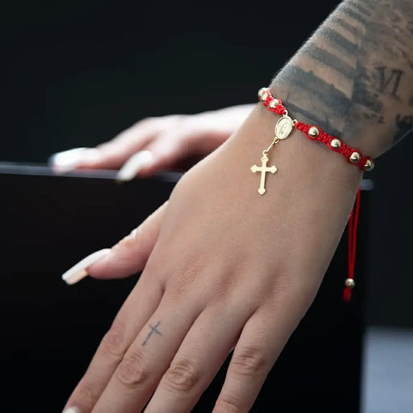 Pulsera de Dama De Tejido Macramé Con Crucero Y Cruz y Balines De 4mm