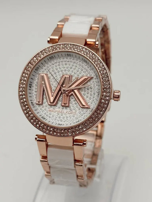 Reloj Analógico Michael Kors Rosa De Correas Blancas + Envío Gratis