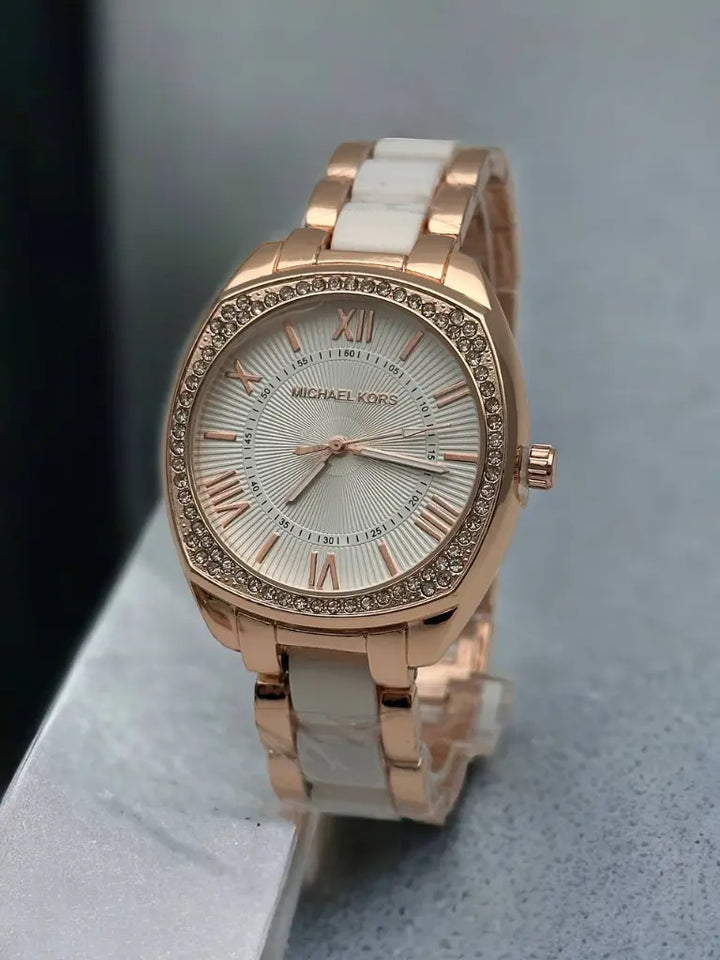 Reloj Analógico Michael Kors Rosa De Correas Blancas + Envío Gratis