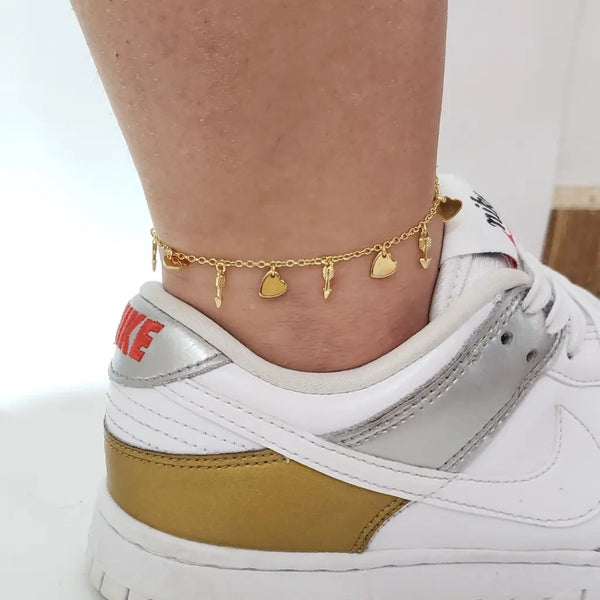Tobillera De Tejido Aros Con Colgantes de Corazones