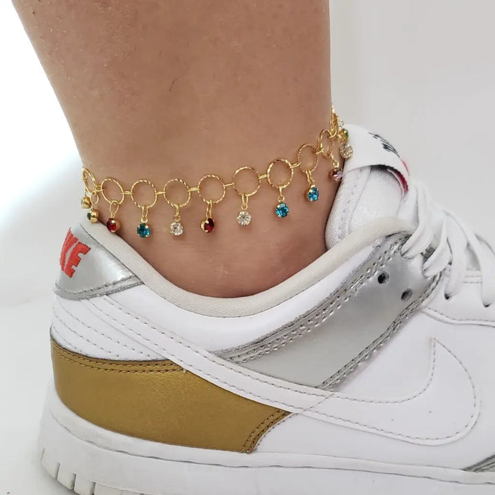 Tobillera Tejido Aros Con Colgantes de Cristales